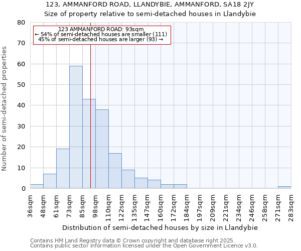 123, AMMANFORD ROAD, LLANDYBIE, AMMANFORD, SA18 2JY: Size of property relative to detached houses in Llandybie