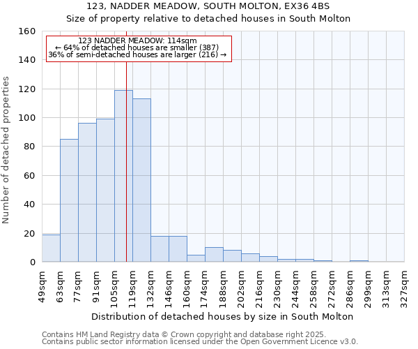 123, NADDER MEADOW, SOUTH MOLTON, EX36 4BS: Size of property relative to detached houses in South Molton