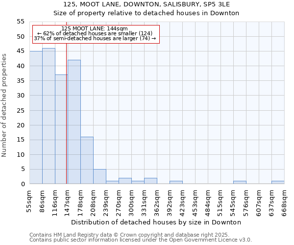 125, MOOT LANE, DOWNTON, SALISBURY, SP5 3LE: Size of property relative to detached houses in Downton