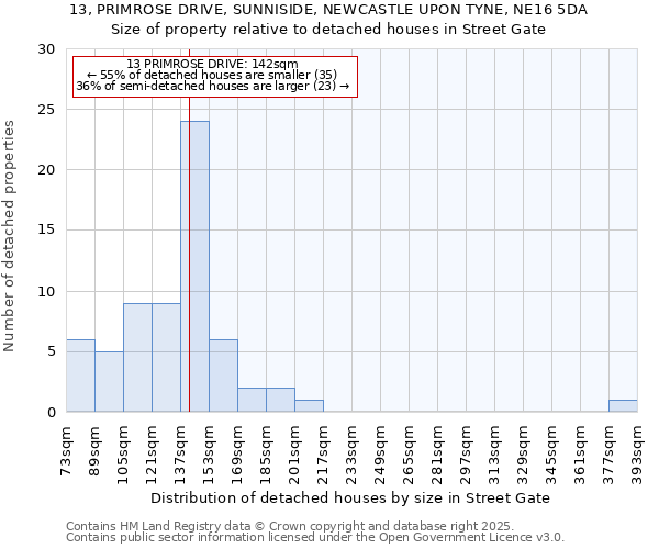 13, PRIMROSE DRIVE, SUNNISIDE, NEWCASTLE UPON TYNE, NE16 5DA: Size of property relative to detached houses in Street Gate