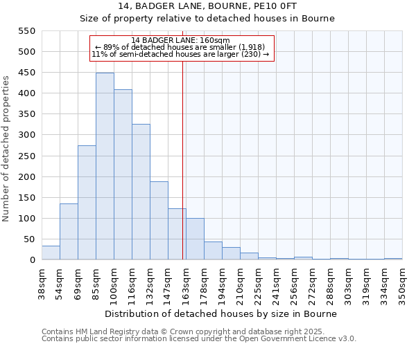 14, BADGER LANE, BOURNE, PE10 0FT: Size of property relative to detached houses in Bourne