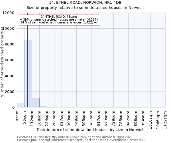 14, ETHEL ROAD, NORWICH, NR1 4DB: Size of property relative to detached houses in Norwich