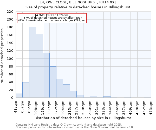 14, OWL CLOSE, BILLINGSHURST, RH14 9XJ: Size of property relative to detached houses in Billingshurst