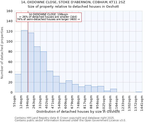 14, OXDOWNE CLOSE, STOKE D'ABERNON, COBHAM, KT11 2SZ: Size of property relative to detached houses in Oxshott