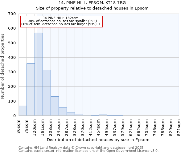 14, PINE HILL, EPSOM, KT18 7BG: Size of property relative to detached houses in Epsom