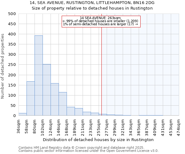 14, SEA AVENUE, RUSTINGTON, LITTLEHAMPTON, BN16 2DG: Size of property relative to detached houses in Rustington