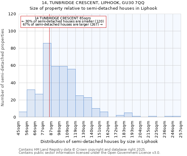 14, TUNBRIDGE CRESCENT, LIPHOOK, GU30 7QQ: Size of property relative to detached houses in Liphook