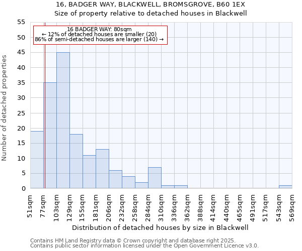 16, BADGER WAY, BLACKWELL, BROMSGROVE, B60 1EX: Size of property relative to detached houses in Blackwell