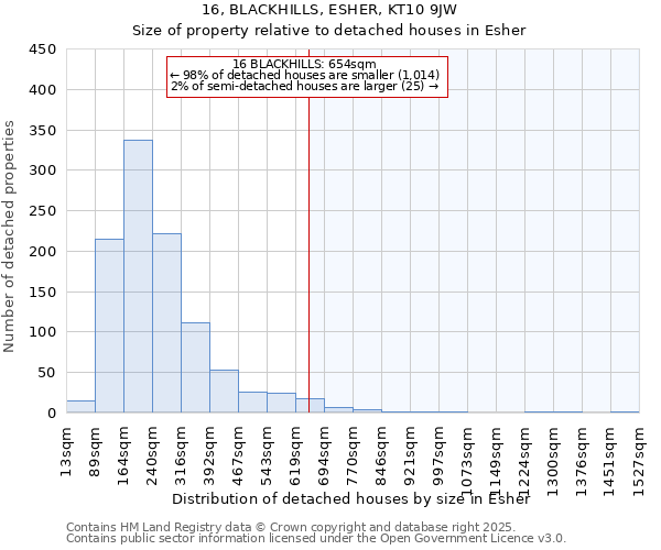 16, BLACKHILLS, ESHER, KT10 9JW: Size of property relative to detached houses in Esher