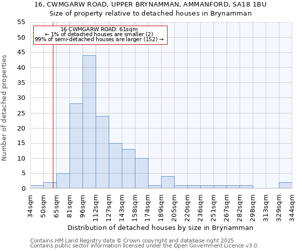 16, CWMGARW ROAD, UPPER BRYNAMMAN, AMMANFORD, SA18 1BU: Size of property relative to detached houses in Brynamman