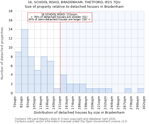 16, SCHOOL ROAD, BRADENHAM, THETFORD, IP25 7QU: Size of property relative to detached houses in Bradenham