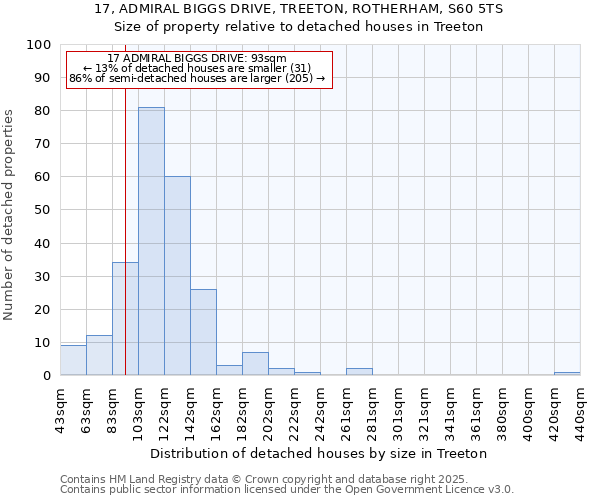 17, ADMIRAL BIGGS DRIVE, TREETON, ROTHERHAM, S60 5TS: Size of property relative to detached houses in Treeton