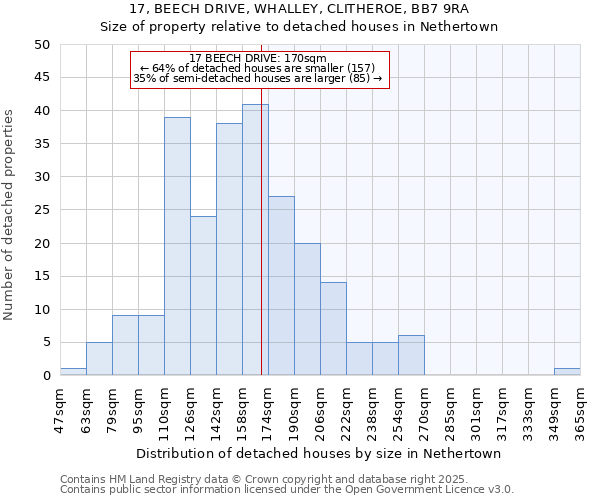 17, BEECH DRIVE, WHALLEY, CLITHEROE, BB7 9RA: Size of property relative to detached houses in Nethertown