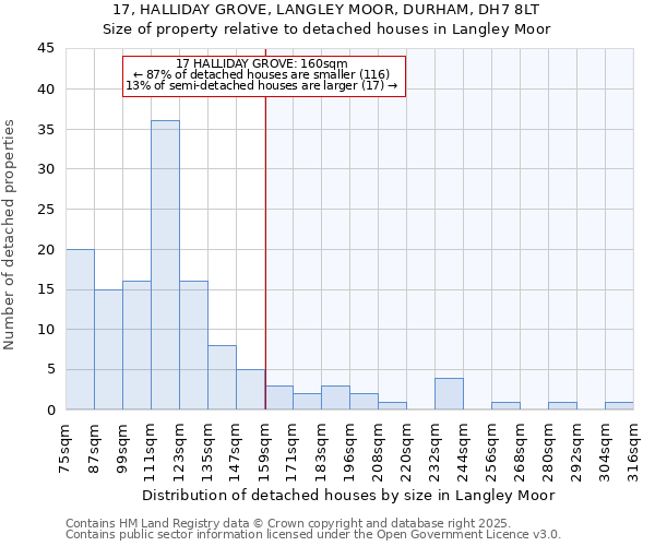 17, HALLIDAY GROVE, LANGLEY MOOR, DURHAM, DH7 8LT: Size of property relative to detached houses in Langley Moor