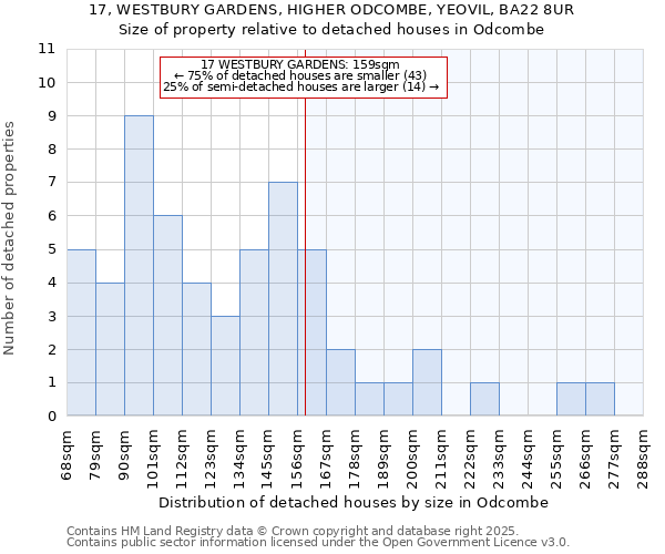 17, WESTBURY GARDENS, HIGHER ODCOMBE, YEOVIL, BA22 8UR: Size of property relative to detached houses in Odcombe