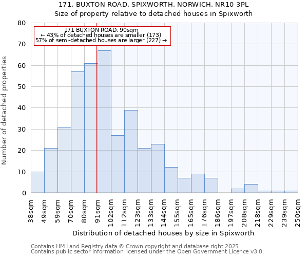 171, BUXTON ROAD, SPIXWORTH, NORWICH, NR10 3PL: Size of property relative to detached houses in Spixworth