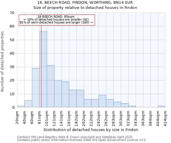 18, BEECH ROAD, FINDON, WORTHING, BN14 0UR: Size of property relative to detached houses in Findon