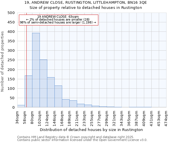 19, ANDREW CLOSE, RUSTINGTON, LITTLEHAMPTON, BN16 3QE: Size of property relative to detached houses in Rustington