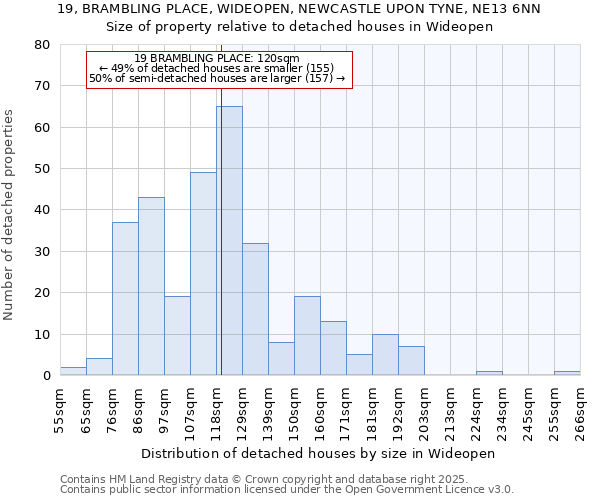 19, BRAMBLING PLACE, WIDEOPEN, NEWCASTLE UPON TYNE, NE13 6NN: Size of property relative to detached houses in Wideopen