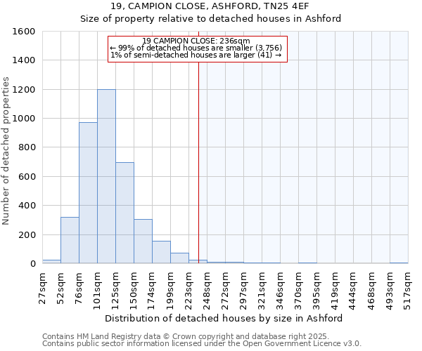 19, CAMPION CLOSE, ASHFORD, TN25 4EF: Size of property relative to detached houses in Ashford