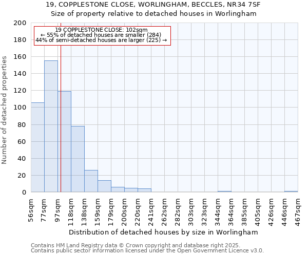 19, COPPLESTONE CLOSE, WORLINGHAM, BECCLES, NR34 7SF: Size of property relative to detached houses in Worlingham