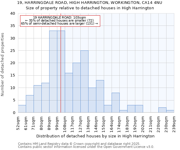 19, HARRINGDALE ROAD, HIGH HARRINGTON, WORKINGTON, CA14 4NU: Size of property relative to detached houses in High Harrington