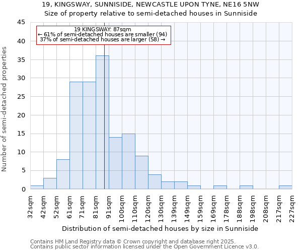 19, KINGSWAY, SUNNISIDE, NEWCASTLE UPON TYNE, NE16 5NW: Size of property relative to detached houses in Sunniside