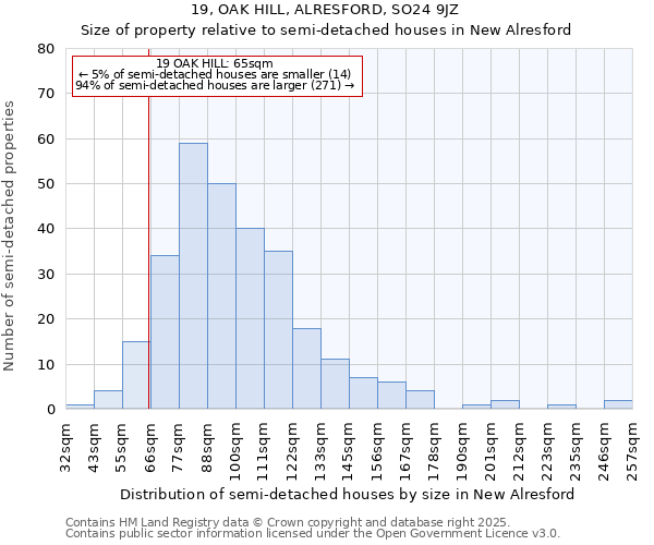 19, OAK HILL, ALRESFORD, SO24 9JZ: Size of property relative to detached houses in New Alresford