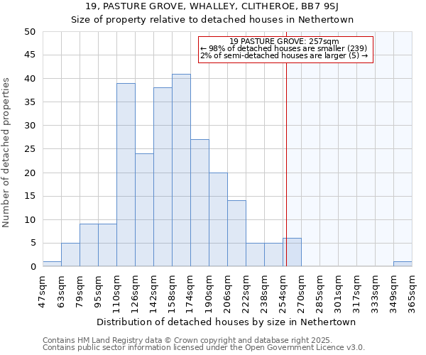 19, PASTURE GROVE, WHALLEY, CLITHEROE, BB7 9SJ: Size of property relative to detached houses in Nethertown