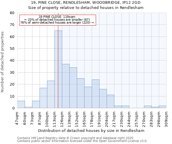 19, PINE CLOSE, RENDLESHAM, WOODBRIDGE, IP12 2GD: Size of property relative to detached houses in Rendlesham