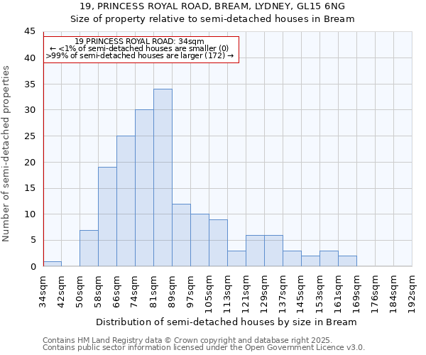 19, PRINCESS ROYAL ROAD, BREAM, LYDNEY, GL15 6NG: Size of property relative to detached houses in Bream