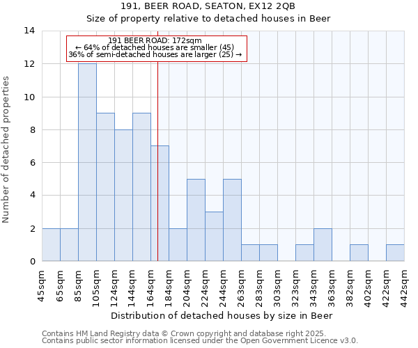 191, BEER ROAD, SEATON, EX12 2QB: Size of property relative to detached houses in Beer