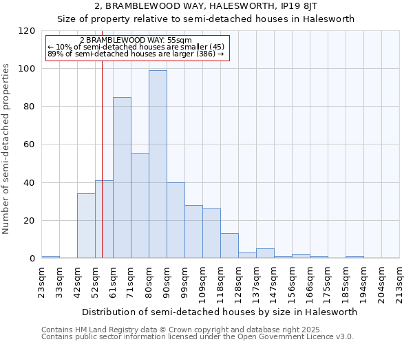 2, BRAMBLEWOOD WAY, HALESWORTH, IP19 8JT: Size of property relative to detached houses in Halesworth