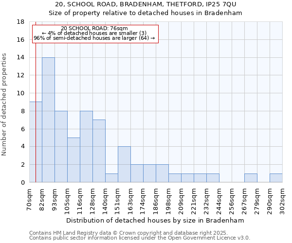 20, SCHOOL ROAD, BRADENHAM, THETFORD, IP25 7QU: Size of property relative to detached houses in Bradenham