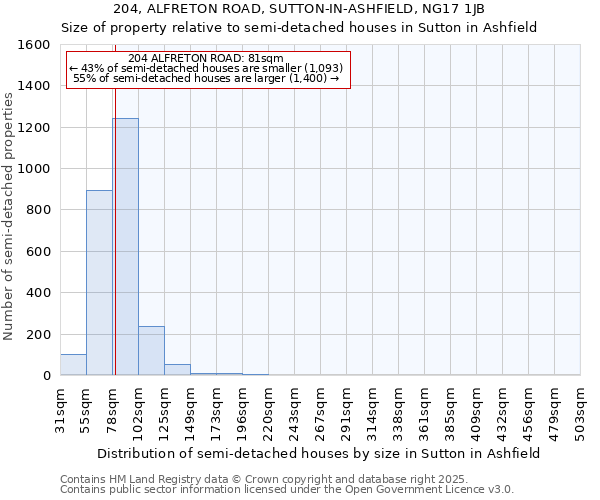 204, ALFRETON ROAD, SUTTON-IN-ASHFIELD, NG17 1JB: Size of property relative to detached houses in Sutton in Ashfield