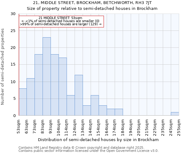 21, MIDDLE STREET, BROCKHAM, BETCHWORTH, RH3 7JT: Size of property relative to detached houses in Brockham