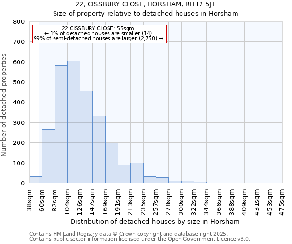 22, CISSBURY CLOSE, HORSHAM, RH12 5JT: Size of property relative to detached houses in Horsham