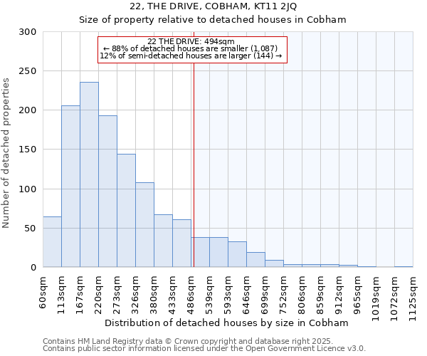 22, THE DRIVE, COBHAM, KT11 2JQ: Size of property relative to detached houses in Cobham