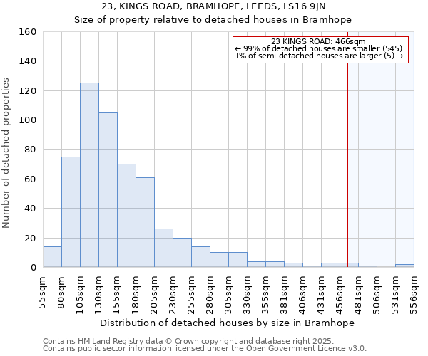 23, KINGS ROAD, BRAMHOPE, LEEDS, LS16 9JN: Size of property relative to detached houses in Bramhope