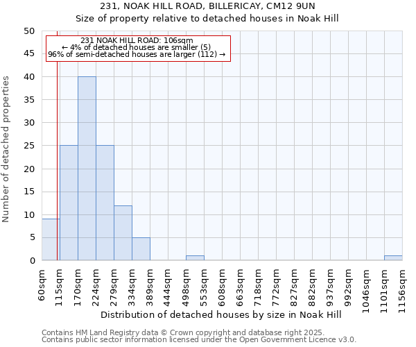 231, NOAK HILL ROAD, BILLERICAY, CM12 9UN: Size of property relative to detached houses in Noak Hill