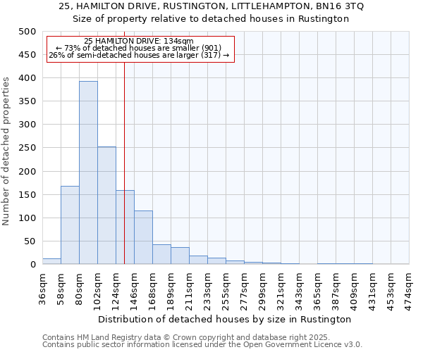 25, HAMILTON DRIVE, RUSTINGTON, LITTLEHAMPTON, BN16 3TQ: Size of property relative to detached houses in Rustington