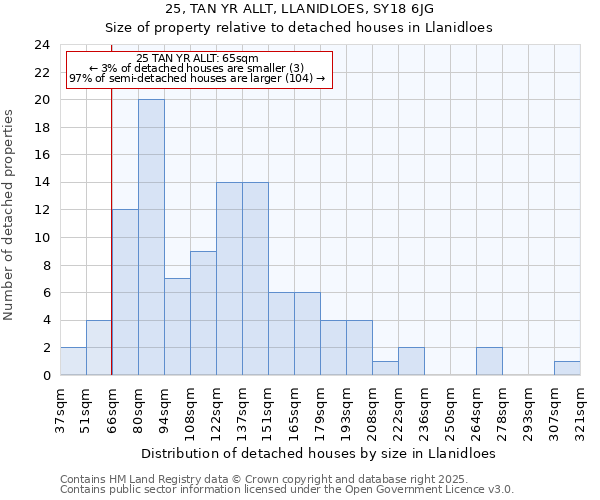 25, TAN YR ALLT, LLANIDLOES, SY18 6JG: Size of property relative to detached houses in Llanidloes