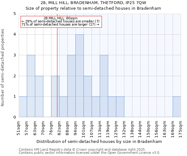 28, MILL HILL, BRADENHAM, THETFORD, IP25 7QW: Size of property relative to detached houses in Bradenham