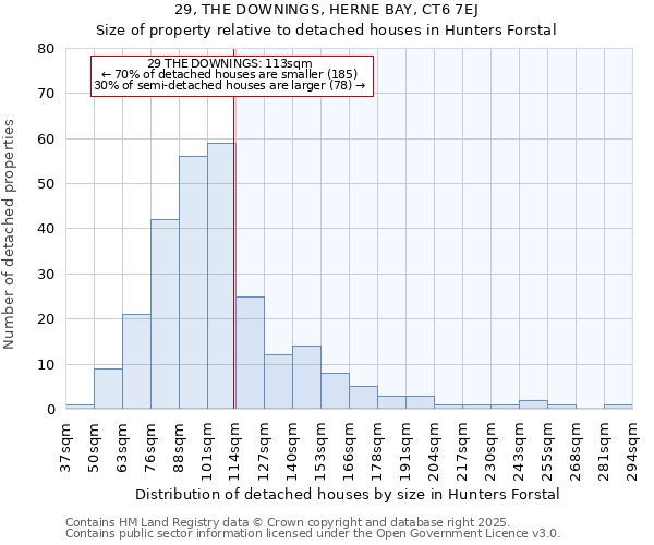 29, THE DOWNINGS, HERNE BAY, CT6 7EJ: Size of property relative to detached houses in Hunters Forstal