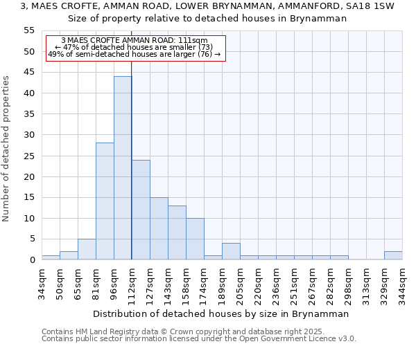 3, MAES CROFTE, AMMAN ROAD, LOWER BRYNAMMAN, AMMANFORD, SA18 1SW: Size of property relative to detached houses in Brynamman