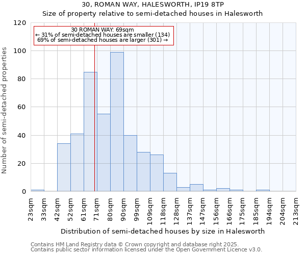 30, ROMAN WAY, HALESWORTH, IP19 8TP: Size of property relative to detached houses in Halesworth