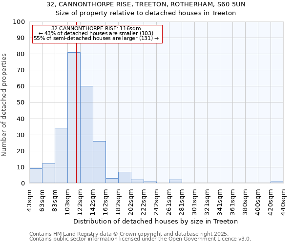 32, CANNONTHORPE RISE, TREETON, ROTHERHAM, S60 5UN: Size of property relative to detached houses in Treeton