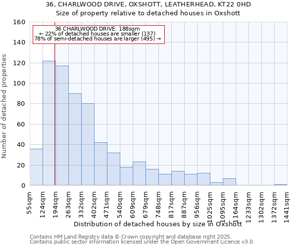 36, CHARLWOOD DRIVE, OXSHOTT, LEATHERHEAD, KT22 0HD: Size of property relative to detached houses in Oxshott