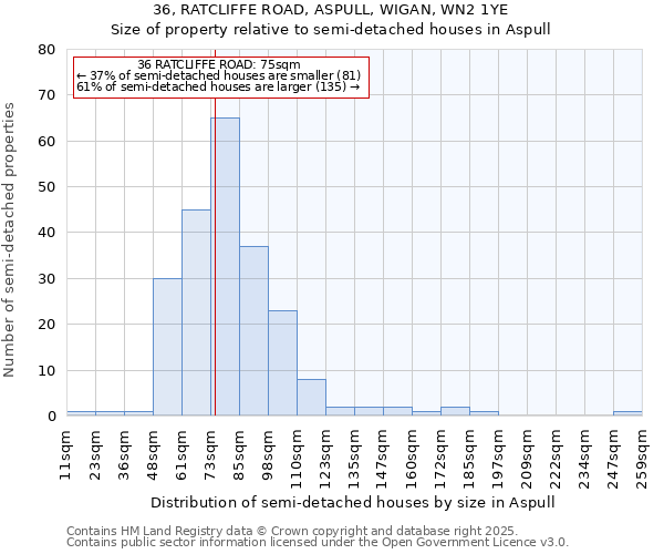 36, RATCLIFFE ROAD, ASPULL, WIGAN, WN2 1YE: Size of property relative to detached houses in Aspull