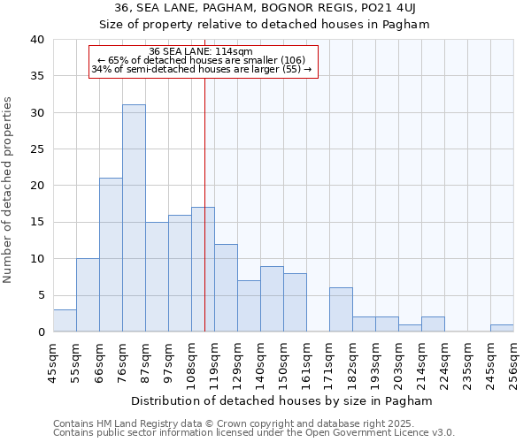 36, SEA LANE, PAGHAM, BOGNOR REGIS, PO21 4UJ: Size of property relative to detached houses in Pagham